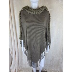Chico's Faux Fur Removable  Trim Knit Poncho Wrap Fringe Taupe Brown OS
